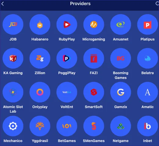 Providers screen with round logos Providers screen with round logos for Playtech, 3 Oaks, Hacksaw, Skywind, Amigo, Fugaso, Spinomenal, Endorphina, Evoplay and Betsoft