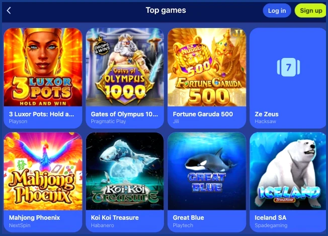Named slot game covers Screenshot of slot game covers: 3 Luxor Pots, Koi Koi Treasure, Iceland and Great Blue, each with its name on a blue label