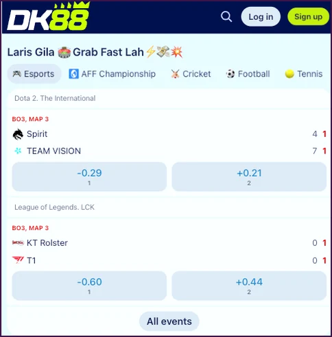 Blok e-sukan DK88 Game yang menyenaraikan perlawanan dengan dua butang odds bagi setiap permainan dan butang Semua acara di hujung