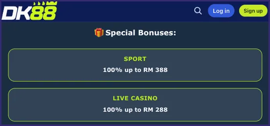 Screenshot of the special bonuses section showing sport 100% up to RM 388 and live casino 100% up to RM 288 as separate cards