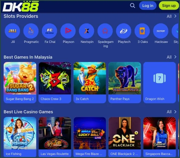 Mobile home view with rows for slots providers, best games in Malaysia and best live casino games