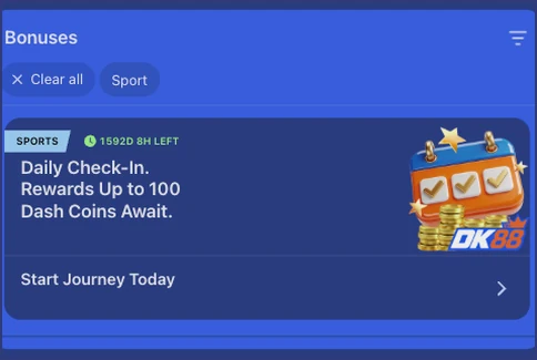 Bonuses list with a Daily Check-In card offering rewards of up to 100 Dash Coins