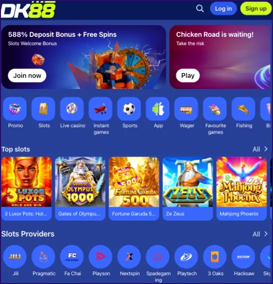 DK88 Game lobby start screen: a 588% deposit bonus banner, circular Promo and Live casino buttons, then top slots and providers rows