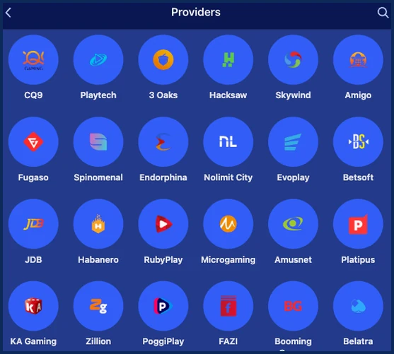 Providers screen listing round logos and names for Jili, Pragmatic Play, Playson, NextSpin, Spadegaming, Skywind, Amigo, Fugaso and Spinomenal