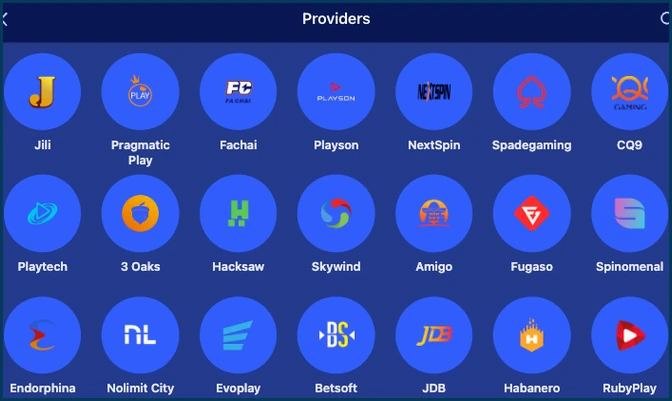 DK88 Game studio list in three rows of round logos, from Jili and Pragmatic Play to Evoplay, Betsoft, Habanero and RubyPlay